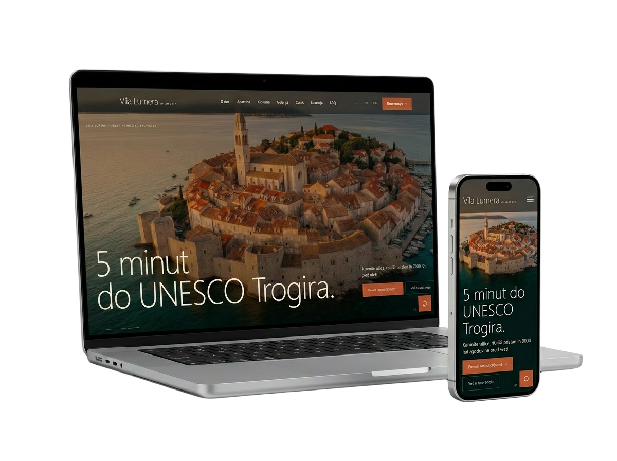 Spletna stran za apartmaje na laptopu in mobilnem telefonu